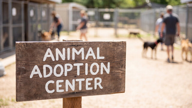 Animal adoption center signboard at outdoor shelter facility where volunteers walk rescue dogs for pet rehoming and welfare support