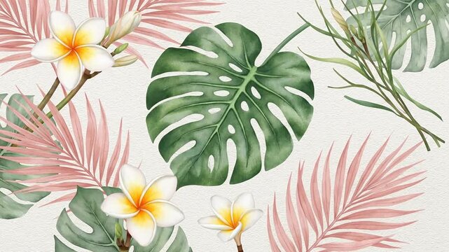 Tropical monstera and palm leaves watercolor background.