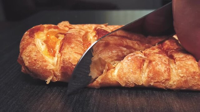 Cutting freshly baked fruit strudel with sharp knife in close up.