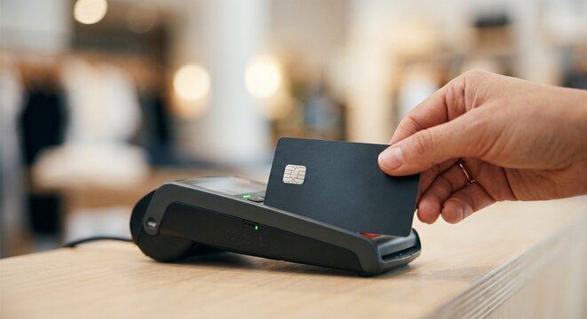 Close up of hand inserting black credit card into payment terminal on wooden counter