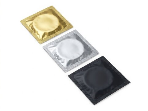 Three different colored square condom packages arranged in a row