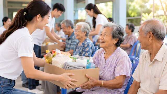 Volunteers distributing donation care packages to happy elderly people at a community center, concept of food drive, social welfare, and team support.