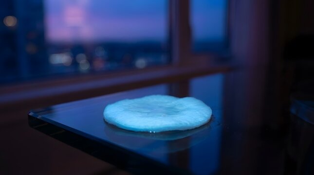 Blue Glow Hash Brown on Reflective Table at Night