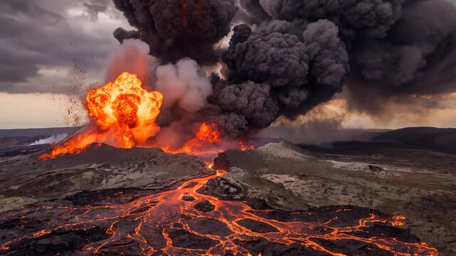 Volcanic eruption with molten lava fountains flowing rivers and towering ash plume showing geological natural disaster and seismic activity