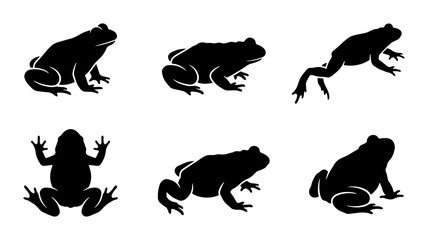 Obraz premium Six Black Frog Silhouettes, Amphibian Vector Icons, Wildlife Animal Graphics, Pond Life Illustration