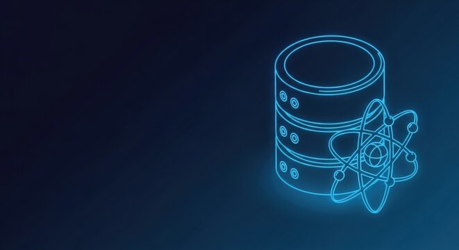 Stylized atomic data server icon with glowing neon blue lines on a dark digital background