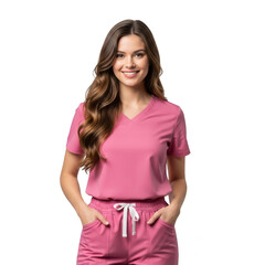 Fototapeta premium Smiling female nurse in pink medical scrubs uniform isolated on transparent background