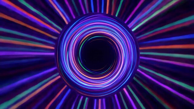 Abstract neon tunnel vortex background with radiating light rays and circular motion for futuristic technology visual and digital media design