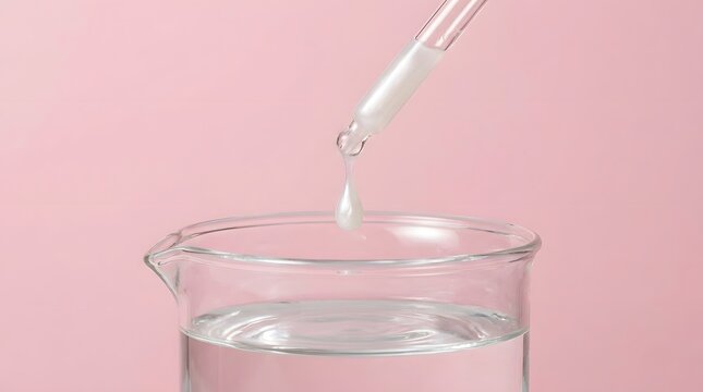 Clear Dropper with Liquid Drops Above Glass Beaker in Pink Background