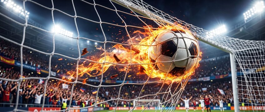 Soccer Ball Scoring Goal With Fiery Energy