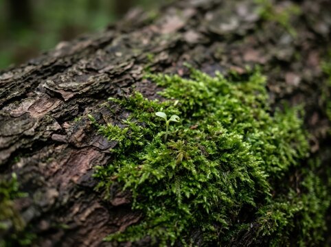 Green moss growing on the rough dark bark of an old tree trunk in a forest