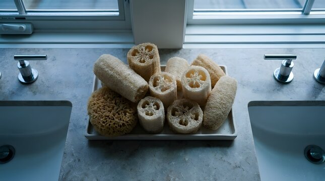 Industrial Scrubbers Displayed on Marble Sink Counter by Window