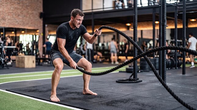Athlete Training With Battle Ropes in Modern Gym