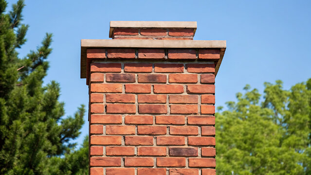 Red brick chimney on residential home exterior. Classic masonry stack for fireplace ventilation and heating system.