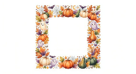 Fototapeta premium Cute pastel Halloween watercolor frame with friendly ghost, pumpkins, and autumn elements on white background