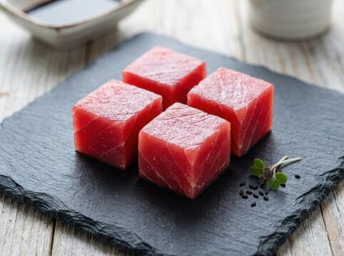Fresh raw tuna fish cubes served on a black stone plate for a healthy gourmet appetizer