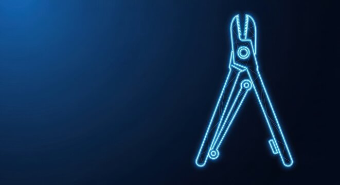 Bright blue neon outline of bolt cutters glowing against a dark textured background