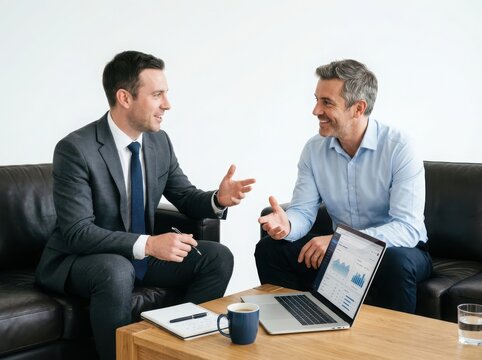 Two professional men talking and working together on a laptop during a business meeting in a modern office