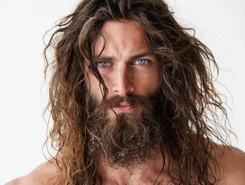 Portrait of a handsome man with long hair and a beard isolated on white background