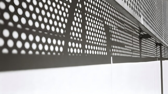 Perforated metal facade with geometric circular patterns, modern architectural steel paneling, industrial grey aluminum mesh texture