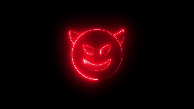 Glowing neon devil icon animation . glowing neon demon emoticon. devil with grin face ,mockery emoticon ,cute demon icon 4K video animation.