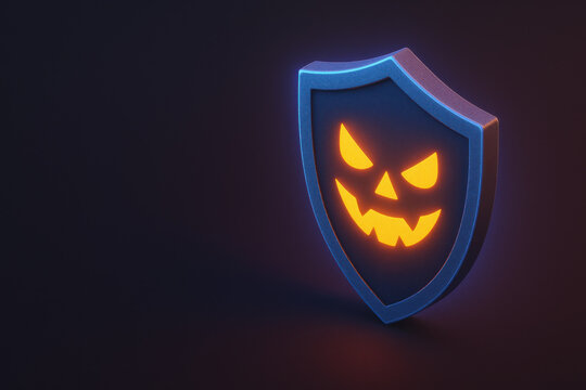 3D Glowing orange jack o lantern face on dark blue shield icon with spooky expression, isolated on black background with soft lighting and shadow