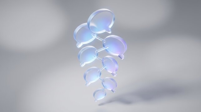 Abstract 3D Glass Speech Bubbles Floating in Chain Formation Representing Digital Communication and Connectivity on a Minimalist Blurred Grey