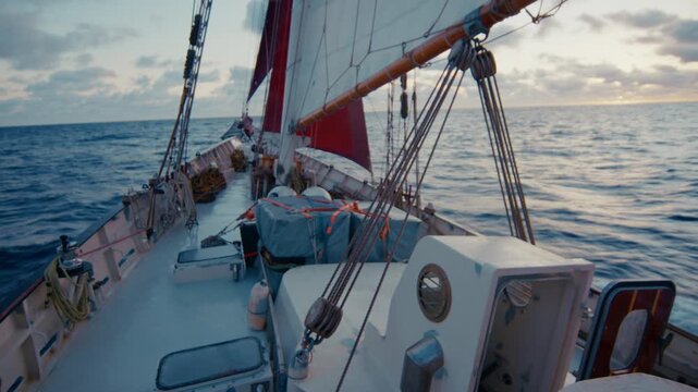 Big sailing boat moves in the Atlantic Ocean under the sails