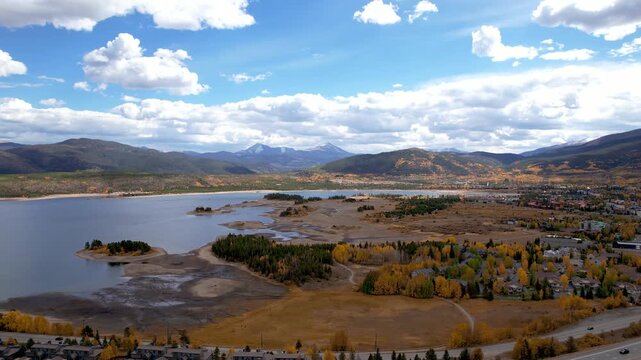 Aerial view of Dillon Reservoir and Frisco in autumn Colorado