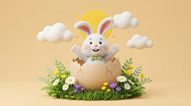 Cute Easter Bunny Emerging from Egg with Flowers and Sun