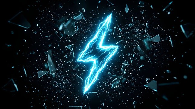 Electric blue lightning bolt with shattered glass on dark background