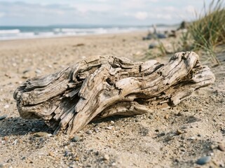 Fototapeta premium Old weathered piece of driftwood lying on a sandy beach during a sunny day by the ocean