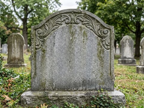 Old stone tombstone with carvings standing in a grassy cemetery garden during a peaceful day