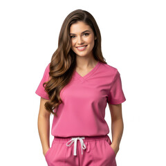 Fototapeta premium Smiling young woman doctor wearing pink medical scrubs isolated on transparent background