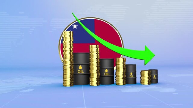 Samoa Oil Prices Decline with Oil Barrels, Gold Coins and Downward Green Arrow, 3D Economic and Financial Market Concept