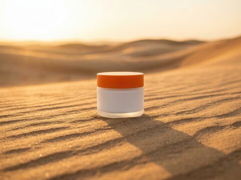 Small cosmetic jar with orange lid placed on a dry brown field in the countryside during a sunny summer day