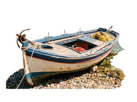 Small old fishing boat resting on a rocky beach shore during a calm sunny day