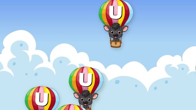 Cartoon Animals Floating in Hot Air Balloons Against Blue Sky