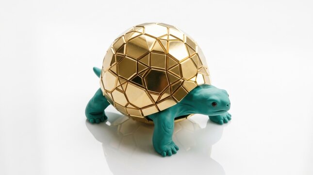 Abstract Gold Geometric Turtle Sculpture with Matte Teal Body Isolated on White Background Minimalist Luxury Decorative Figurine for Modern Home Decor
