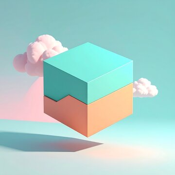 Abstract 3D floating cube with surreal clouds and soft pastel colors.