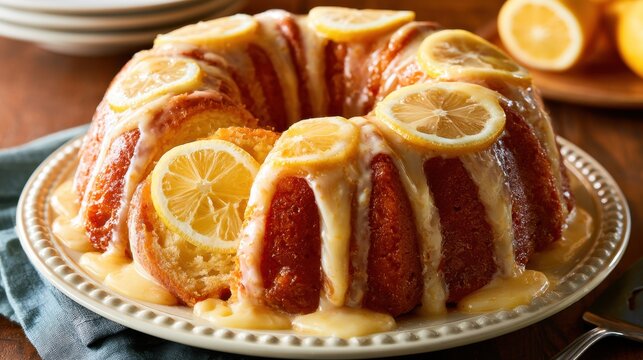 Moist lemon bundt cake with drizzle glaze and fresh lemon slices on decorative white plate close-up homemade baked dessert