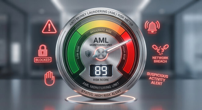 AML risk meter shows transaction monitoring, customer due diligence, SAR filing, and red-flag detection.