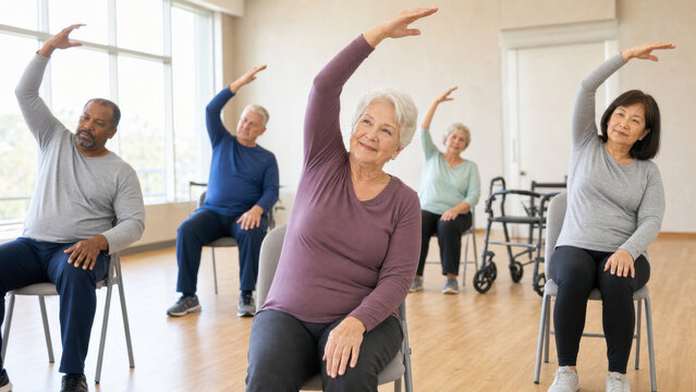 Diverse senior adults performing seated side stretches during guided chair fitness class supporting mobility balance flexibility rehabilitation healthy aging social wellness inclusion