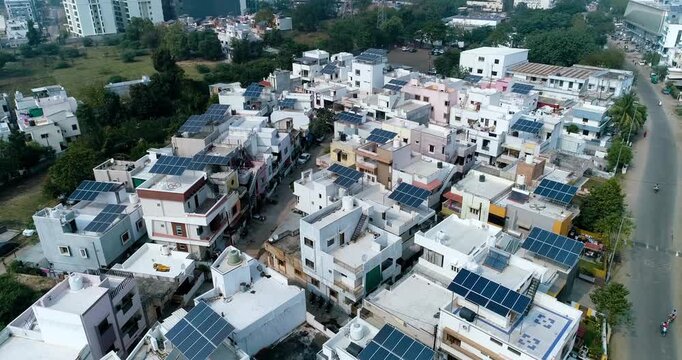 Aerial Drone View of Rooftop Solar Panels in Gujarat, India