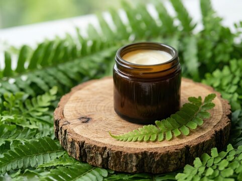 Natural organic face cream in a dark glass jar on a rustic wooden slice surrounded by green fern leaves in nature