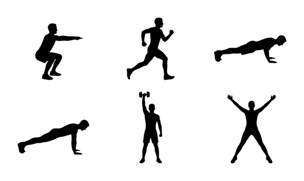 Fitness Silhouette Icons: Workout, Running, Push-up, Plank, Dumbbell, Jumping Jack Vector Set