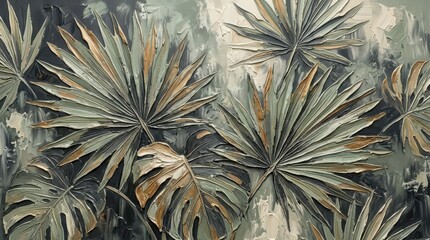 Fototapeta premium Abstract Tropical Palm Leaf Oil Painting Texture with Muted Sage Green and Gold Metallic Accents for Interior Wall Decor and Modern Artistic