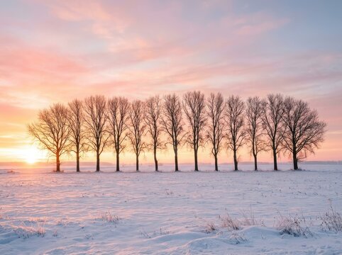 Row of bare trees standing in a snowy field during a beautiful pink and orange sunset