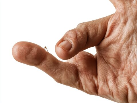 Closeup of a human finger with a small splinter isolated on white background