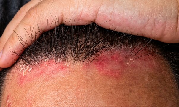 Seborrheic dermatitis flaking along male hairline